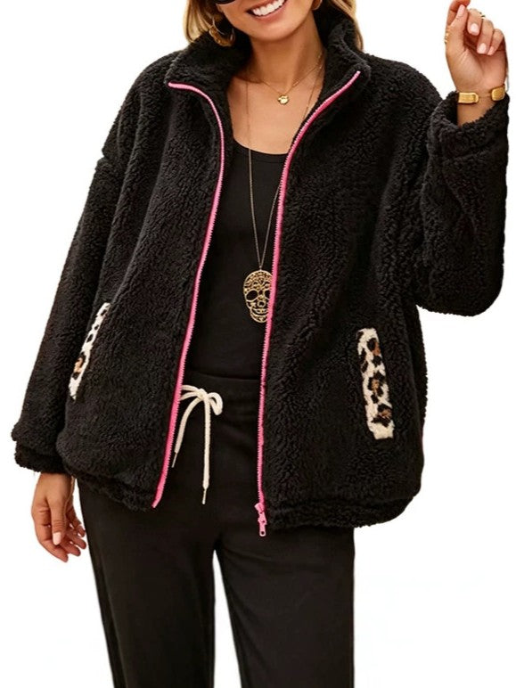 Black Teddy Fleece Zip Jacket With Leopard Pockets - Black - 4