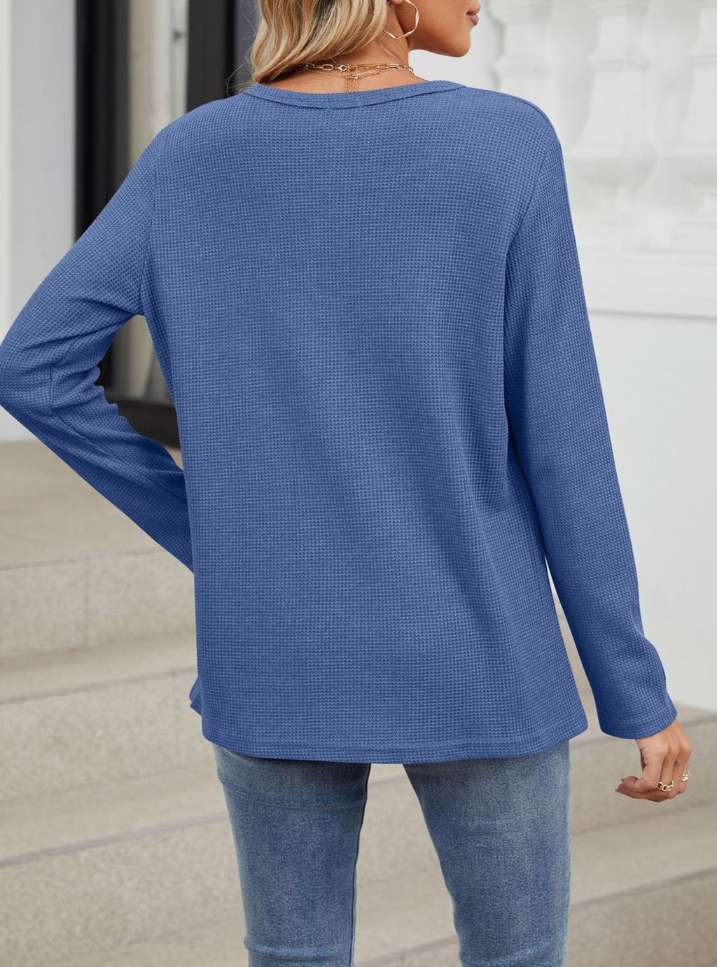 Notch Neck Relaxed Long Sleeve Blouse - Blue - 1