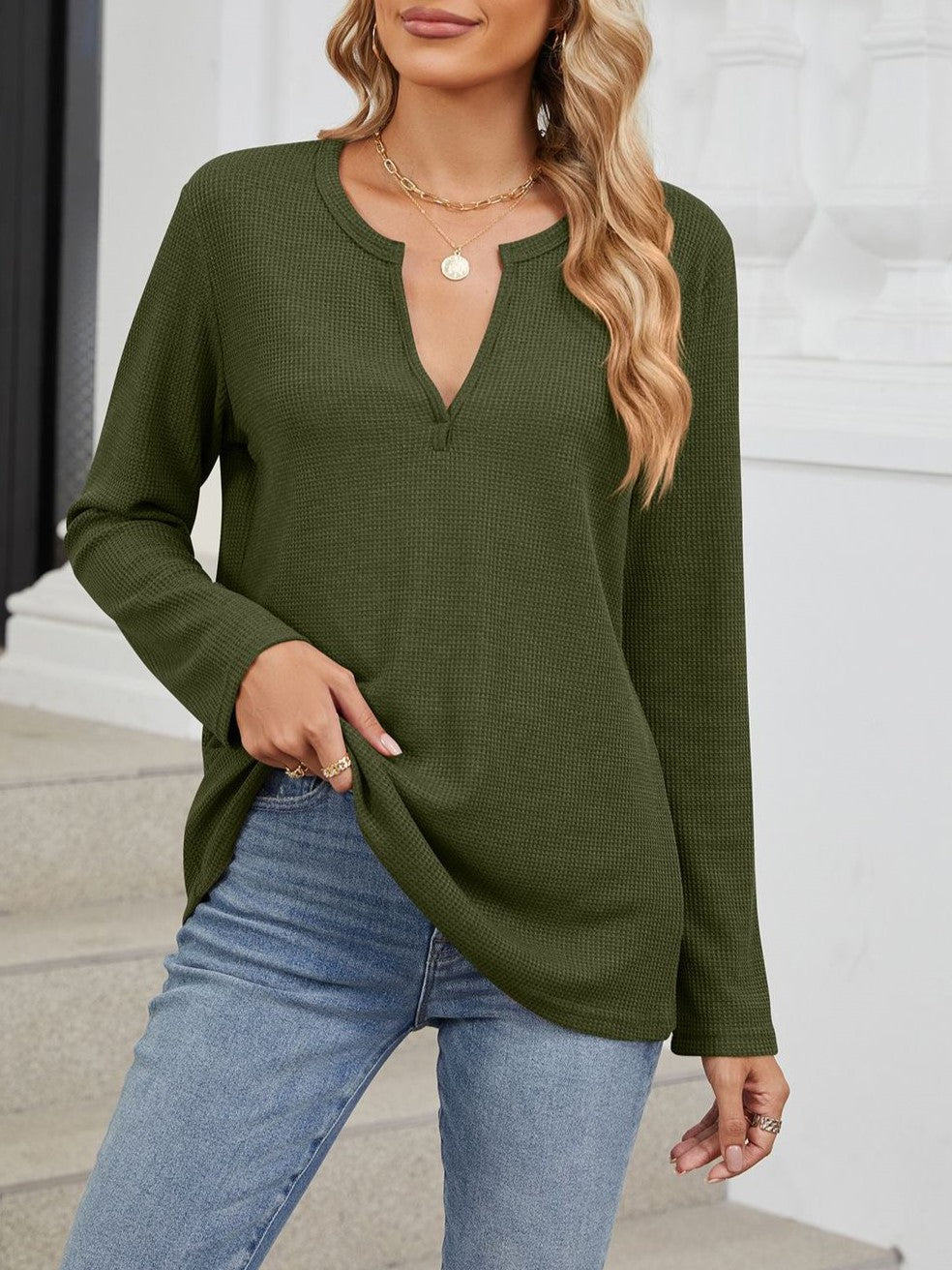Notch Neck Relaxed Long Sleeve Blouse - Green