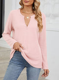 Notch Neck Relaxed Long Sleeve Blouse - Pink