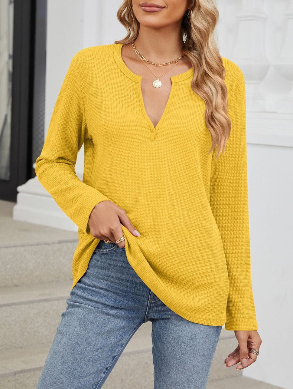 Notch Neck Relaxed Long Sleeve Blouse - Yellow