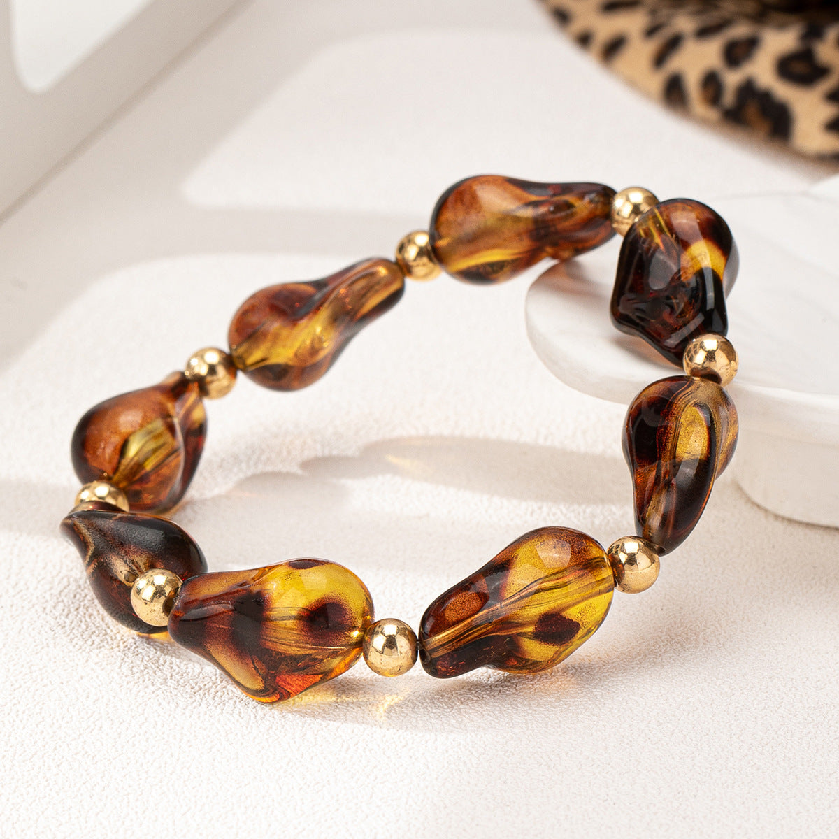 Tortoiseshell Acrylic Bead Stretch Bracelet - Leopard