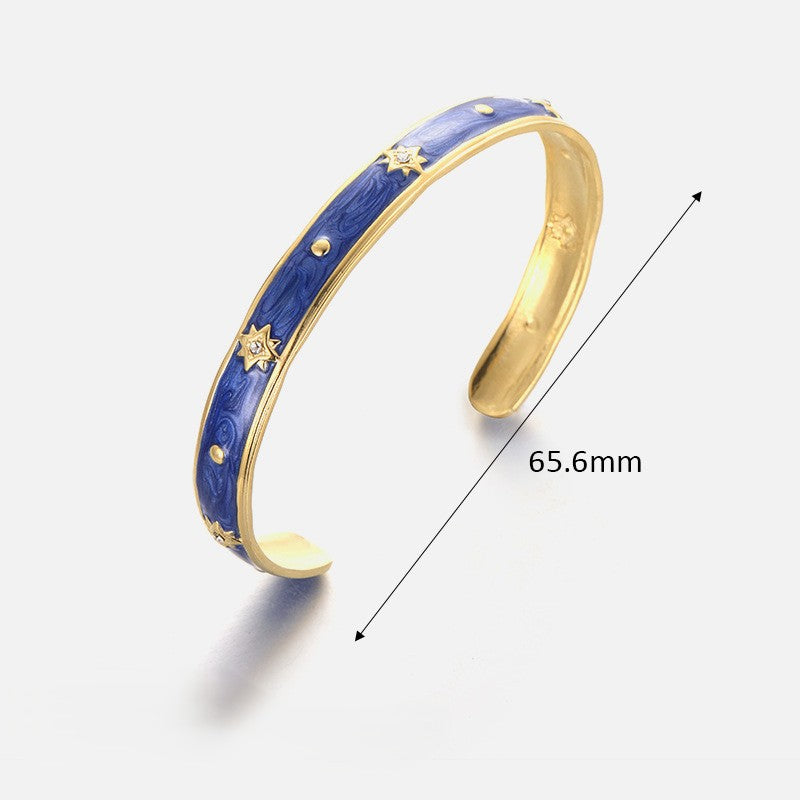 Enamel Cuff Bracelet With Tiny Star Motifs - Blue