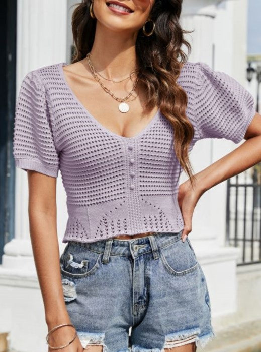 Pointelle Knit Open Back Crop Top - Purple