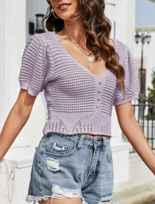 Pointelle Knit Open Back Crop Top - Purple - 1