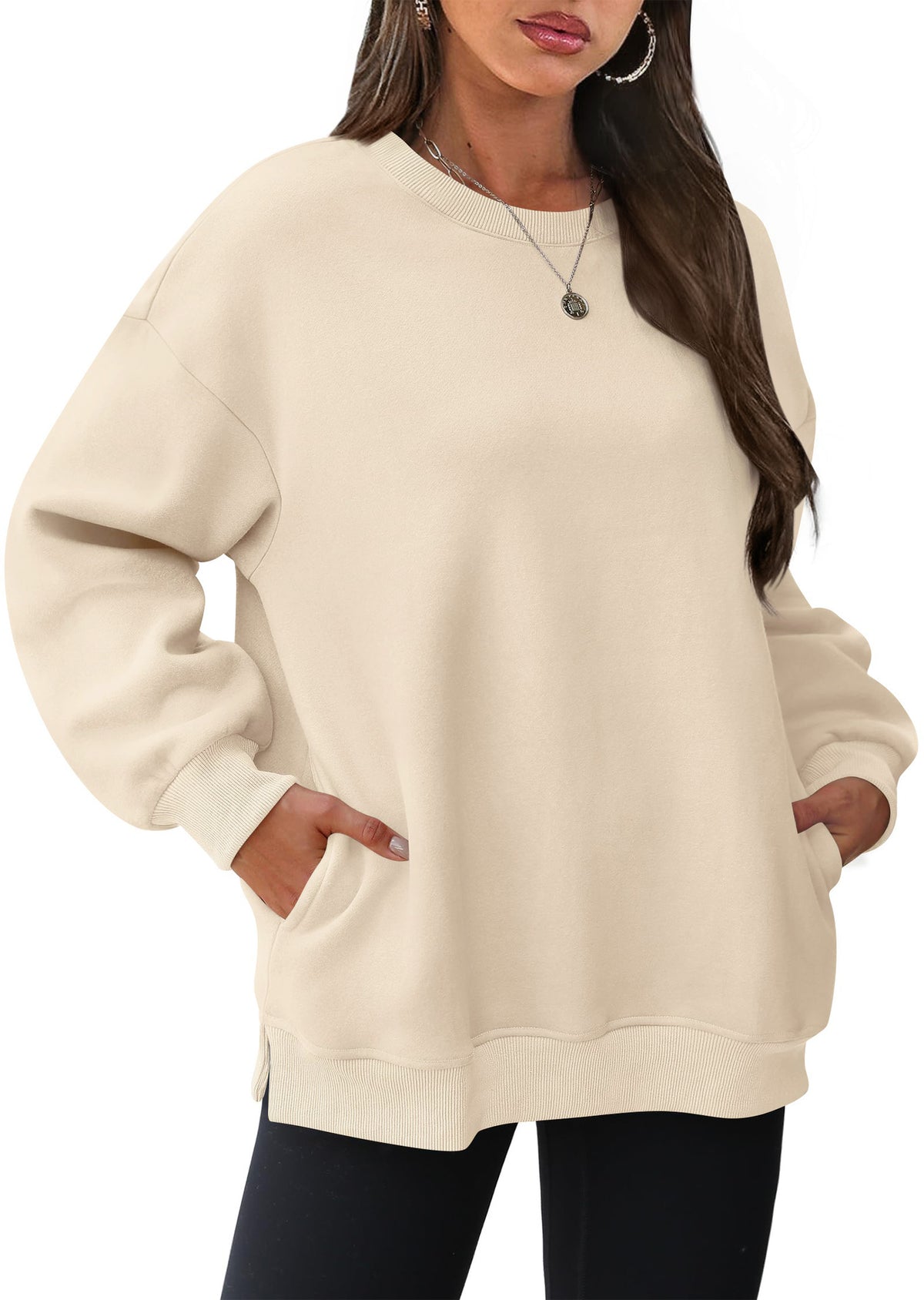Oversized Crew Neck Pocket Sweatshirt - Apricot