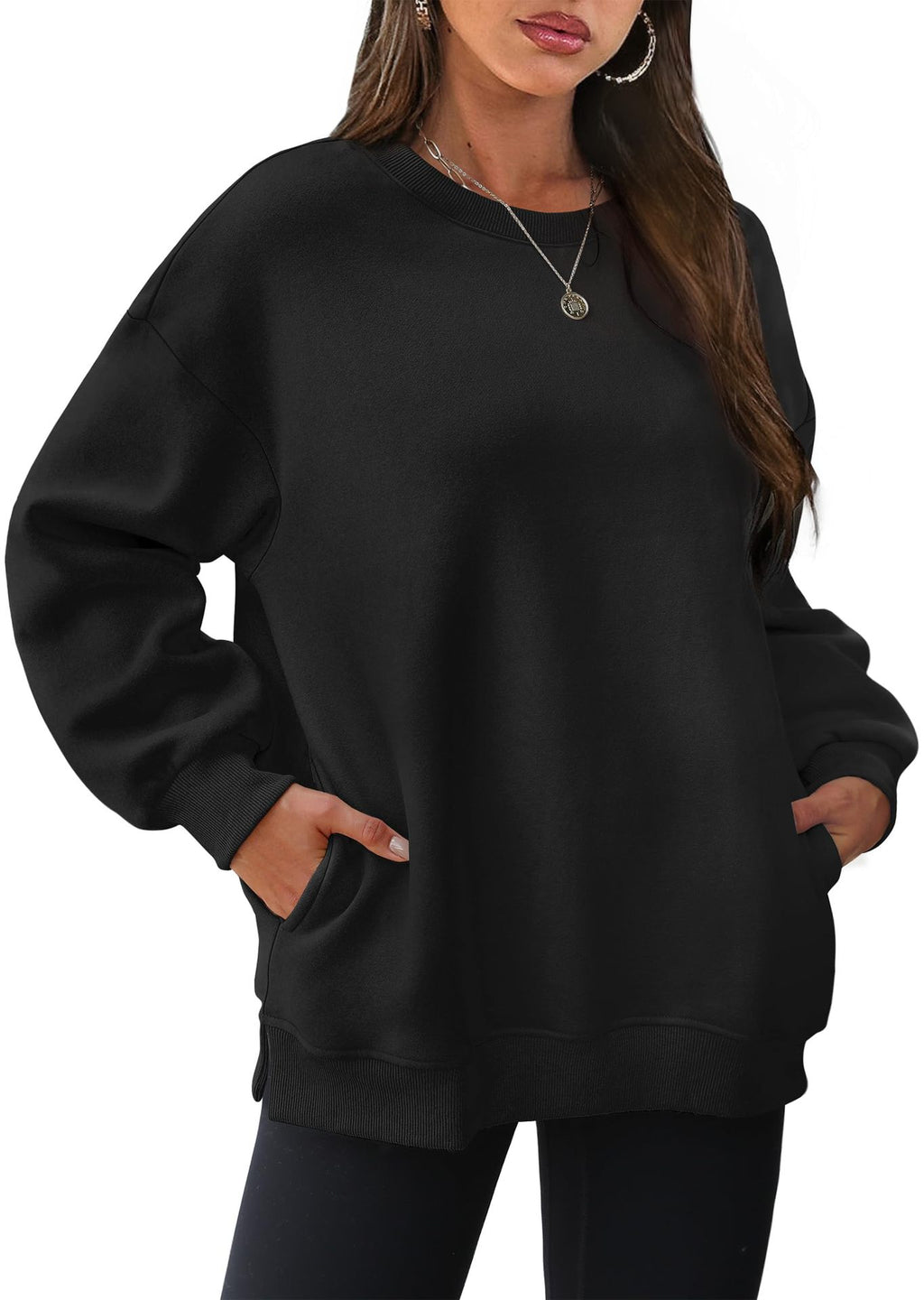 Oversized Crew Neck Pocket Sweatshirt - Black