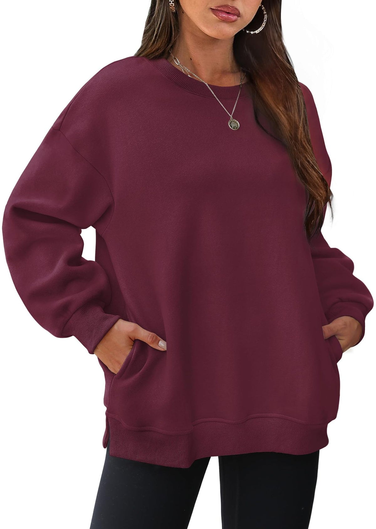 Oversized Crew Neck Pocket Sweatshirt - Winered