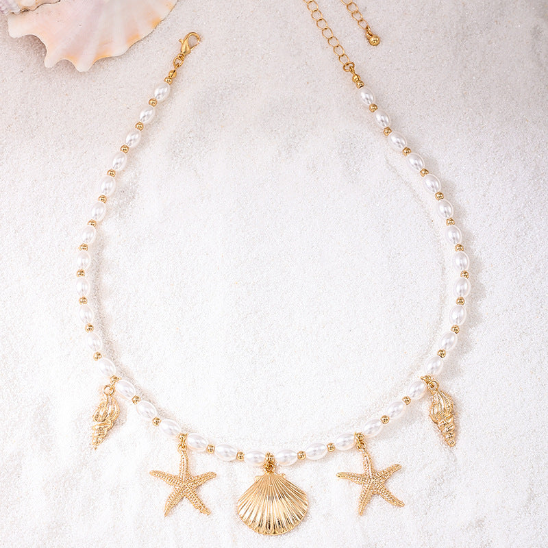 Shell Starfish Charm Pearl Beaded Necklace - Color - 1