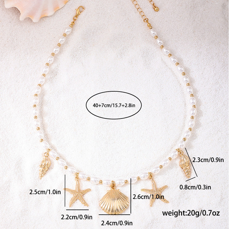 Shell Starfish Charm Pearl Beaded Necklace - Color - 5