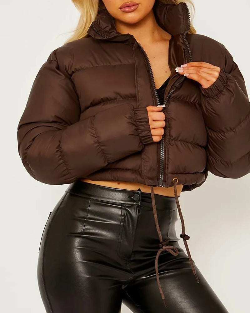 Cropped Drawstring Hem Stand Collar Puffer Jacket - Chocolate Brown