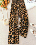 Smocked Waist Leopard Wide Leg Pants - Brown
