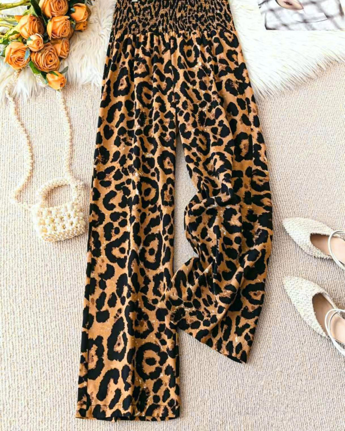 Smocked Waist Leopard Wide Leg Pants - Brown