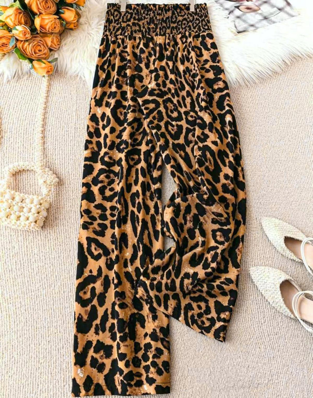 Smocked Waist Leopard Wide Leg Pants - Brown - 1