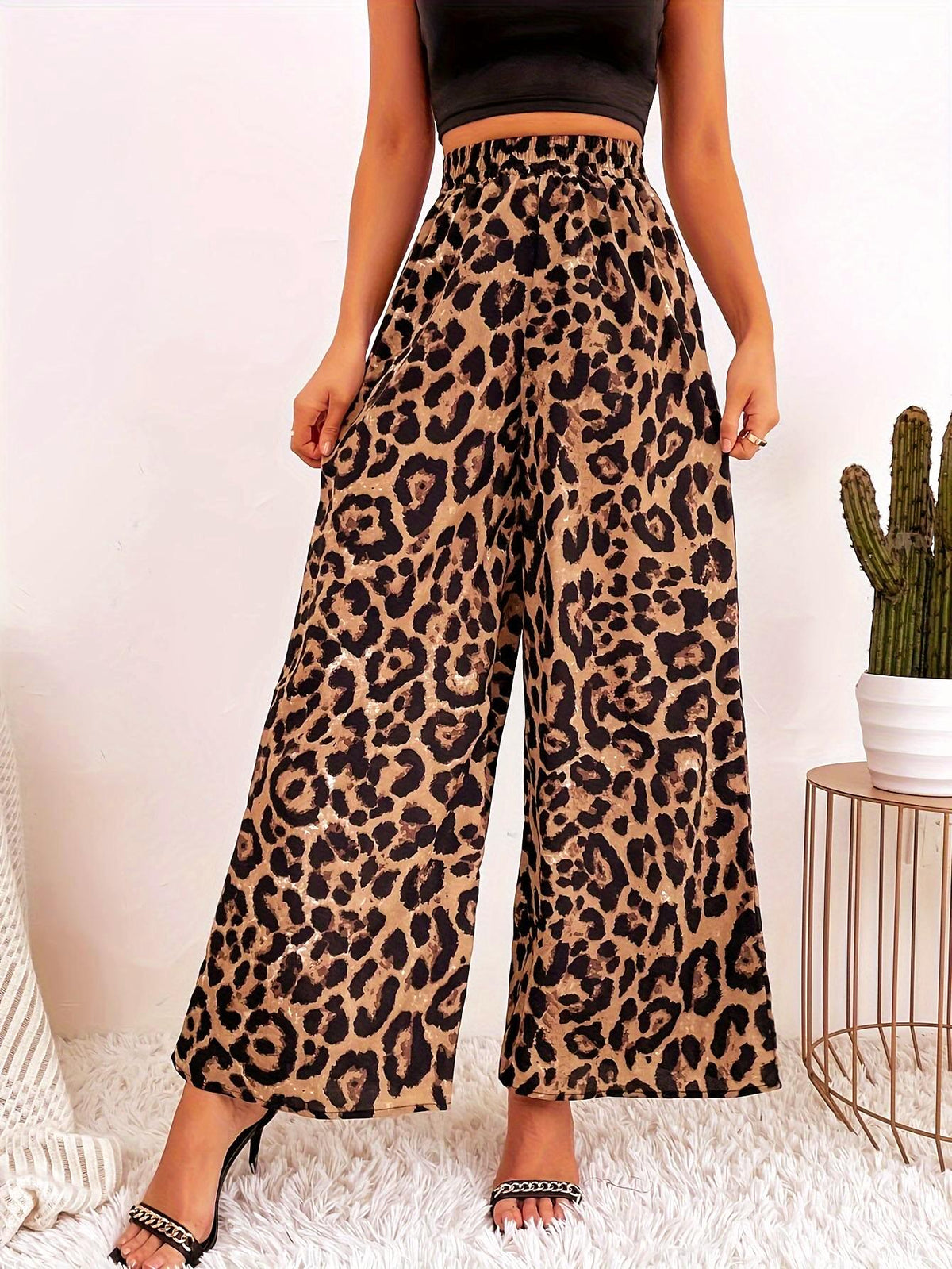 Smocked Waist Leopard Wide Leg Pants - Brown - 3