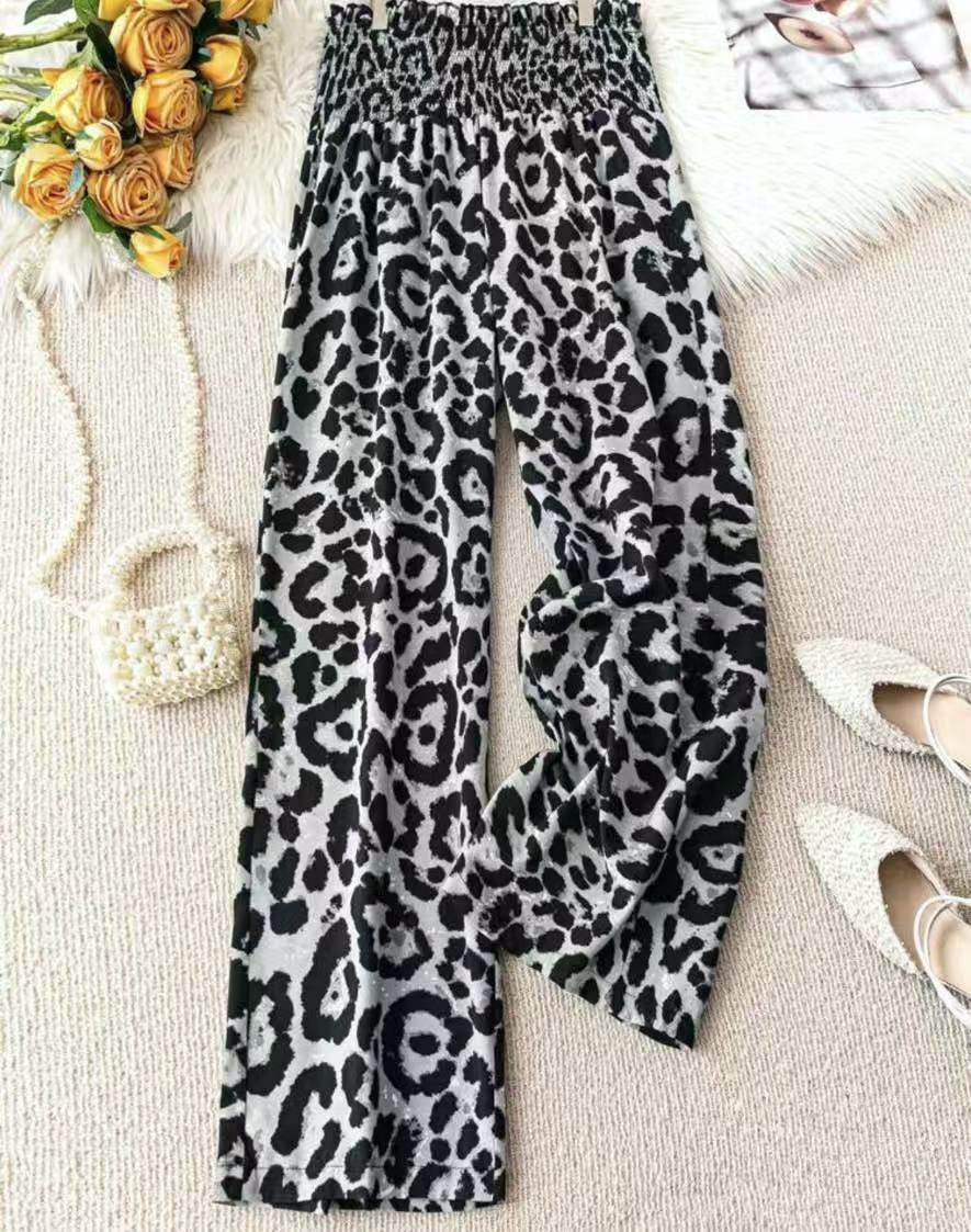Smocked Waist Leopard Wide Leg Pants - Grey