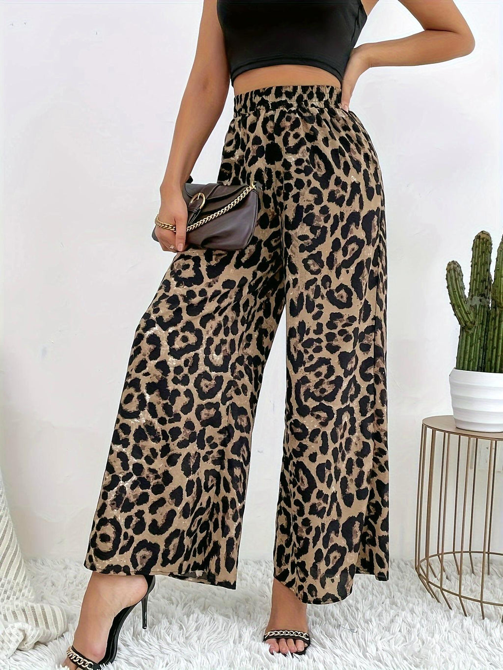 Smocked Waist Leopard Wide Leg Pants - Leopard