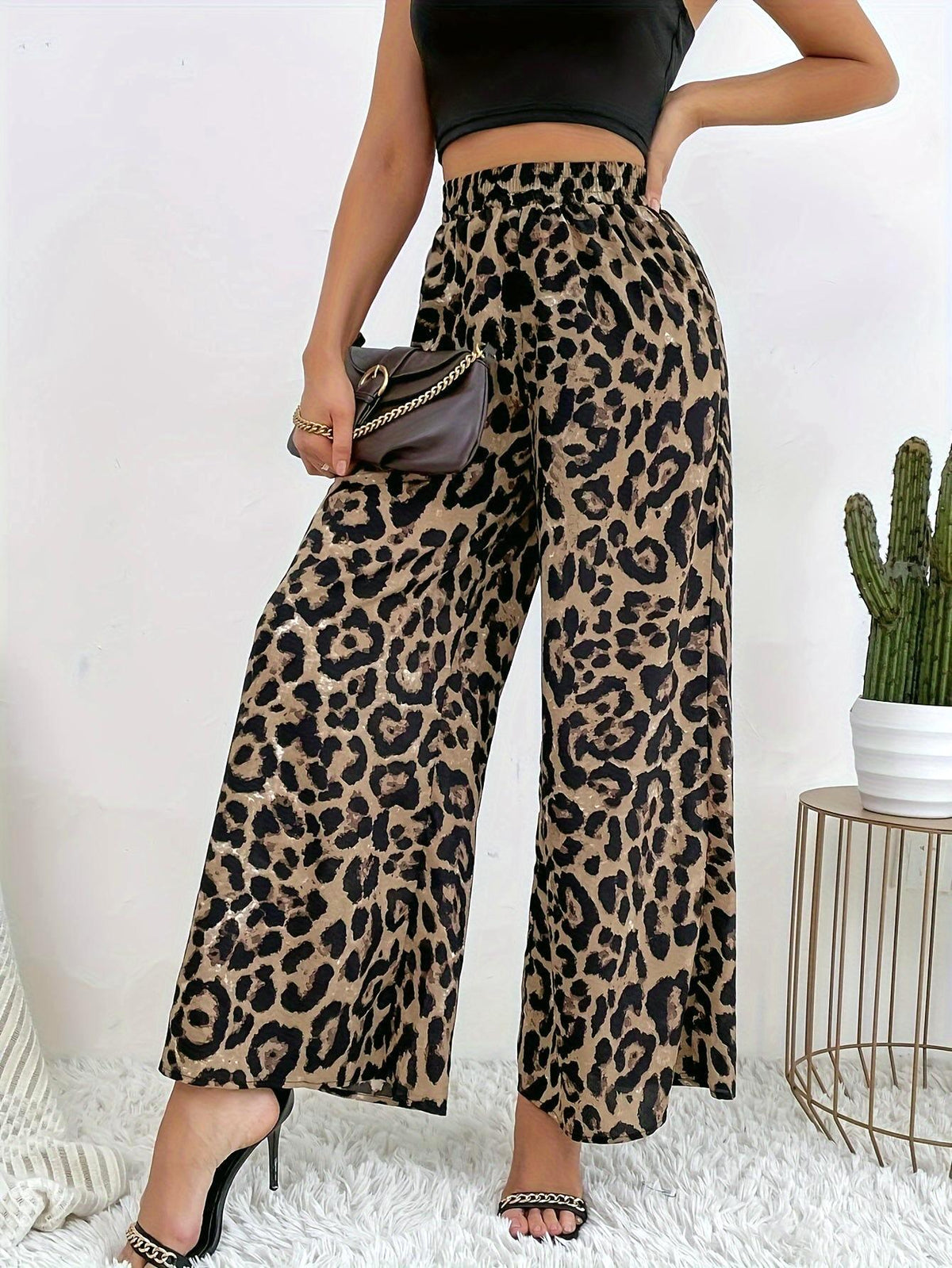 Smocked Waist Leopard Wide Leg Pants - Leopard