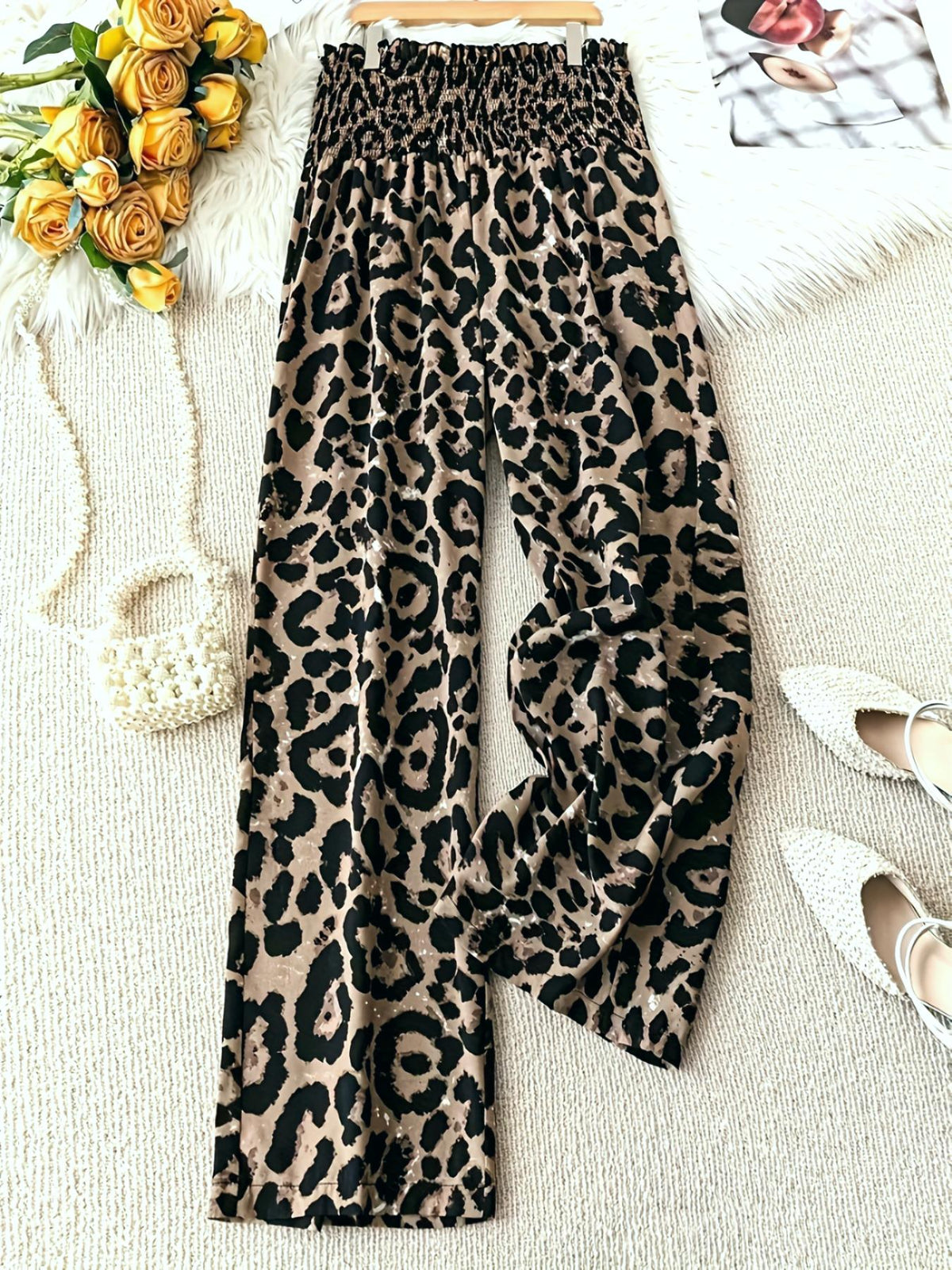 Smocked Waist Leopard Wide Leg Pants - Leopard - 1