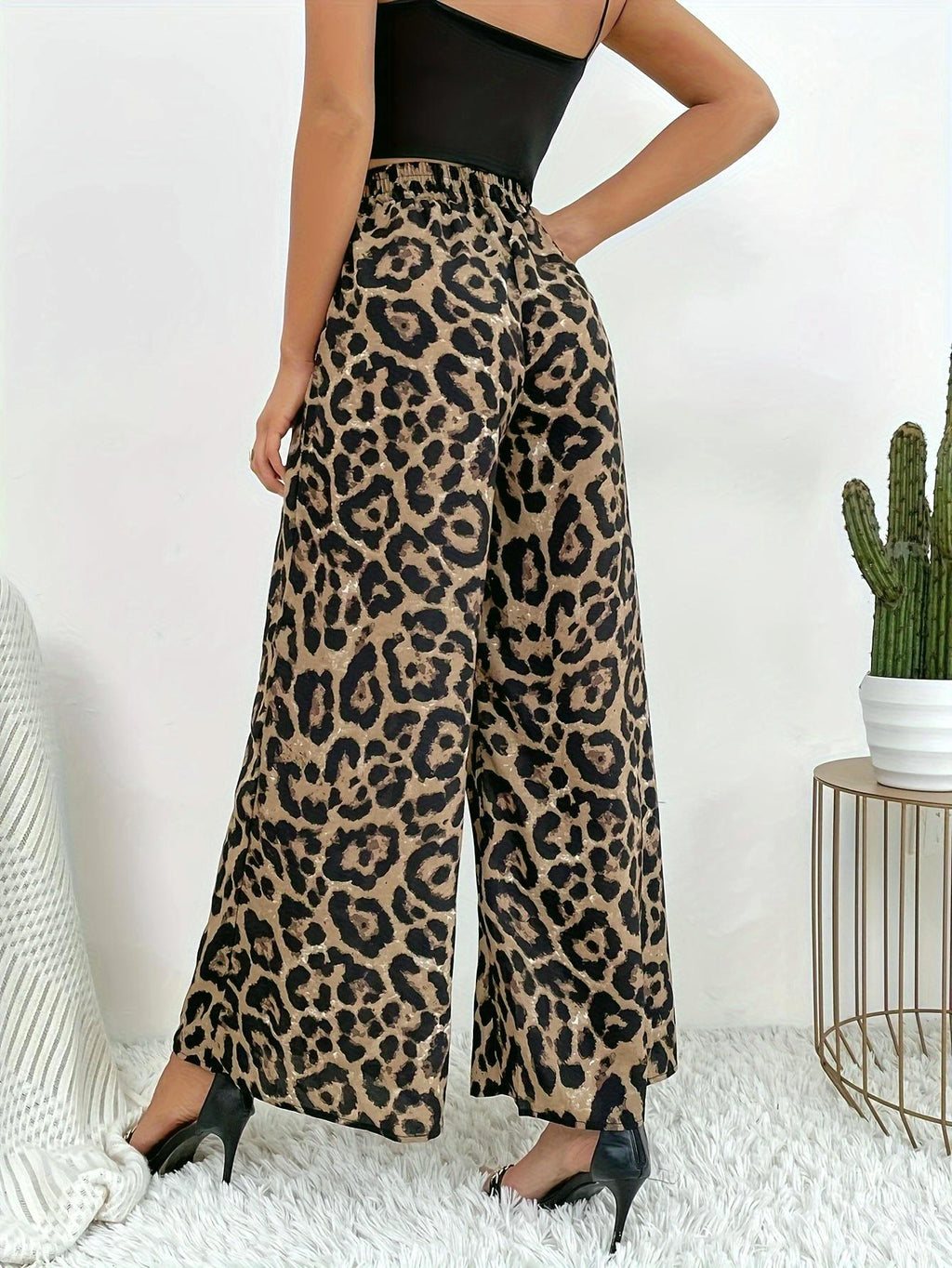 Smocked Waist Leopard Wide Leg Pants - Leopard - 4