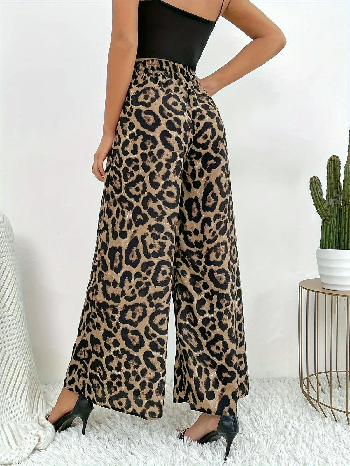Smocked Waist Leopard Wide Leg Pants - Leopard - 4
