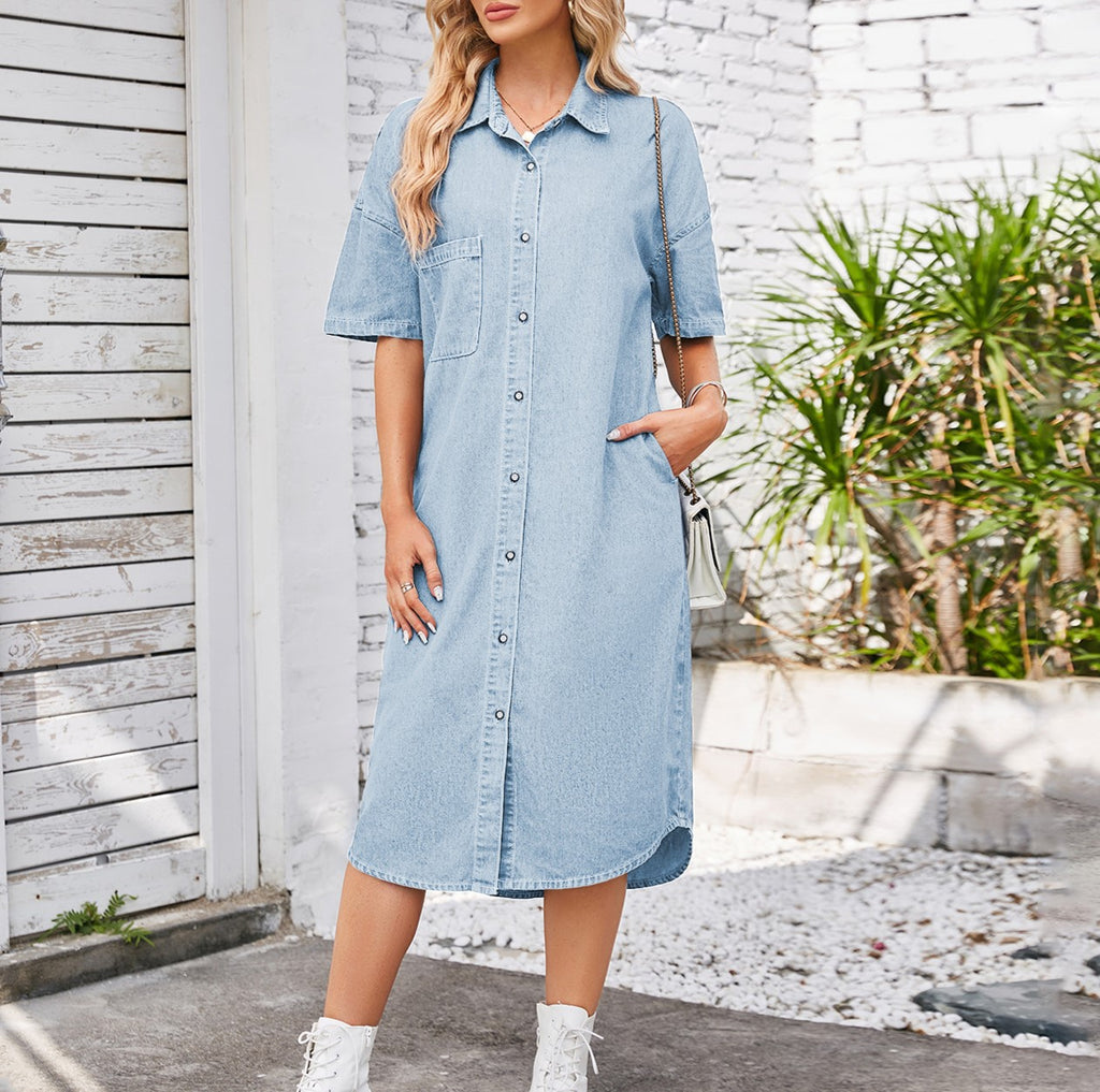 Short Sleeve Denim Midi Shirt Dress - Blue