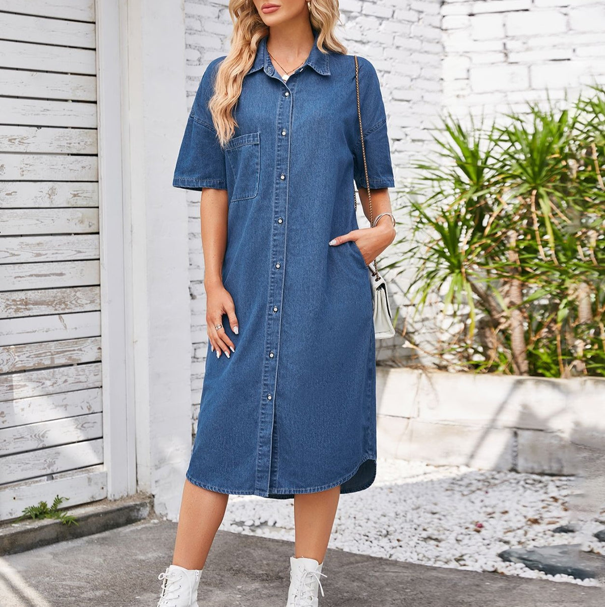 Short Sleeve Denim Midi Shirt Dress - DarkBlue - 1