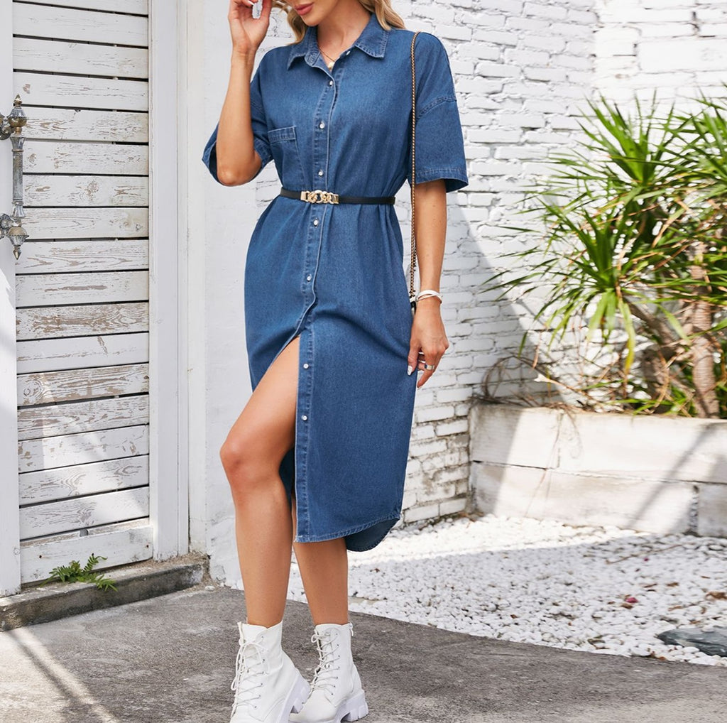 Short Sleeve Denim Midi Shirt Dress - DarkBlue - 2