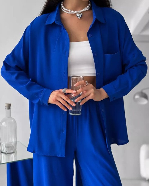 Oversized Shirt And Wide Leg Trouser Set - Blue