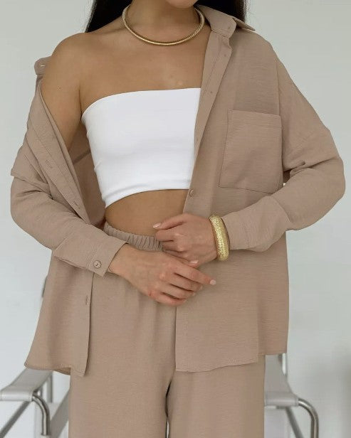 Oversized Shirt And Wide Leg Trouser Set - Camel