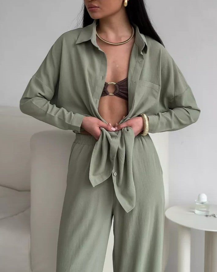 Oversized Shirt And Wide Leg Trouser Set - Green