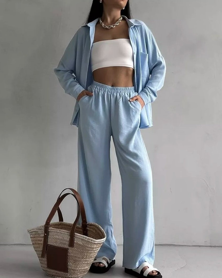 Oversized Shirt And Wide Leg Trouser Set - Light-Blue