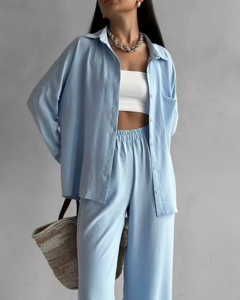 Oversized Shirt And Wide Leg Trouser Set - Light-Blue - 1