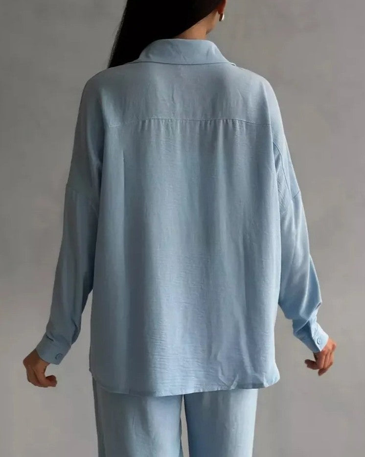 Oversized Shirt And Wide Leg Trouser Set - Light-Blue - 2