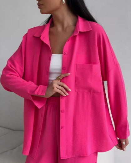 Oversized Shirt And Wide Leg Trouser Set - Rose-Red