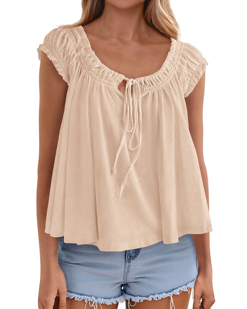 Ruched Tie Front Babydoll Tank Top - Apricot