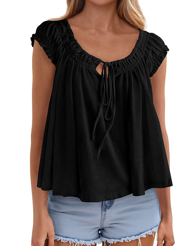 Ruched Tie Front Babydoll Tank Top - Black