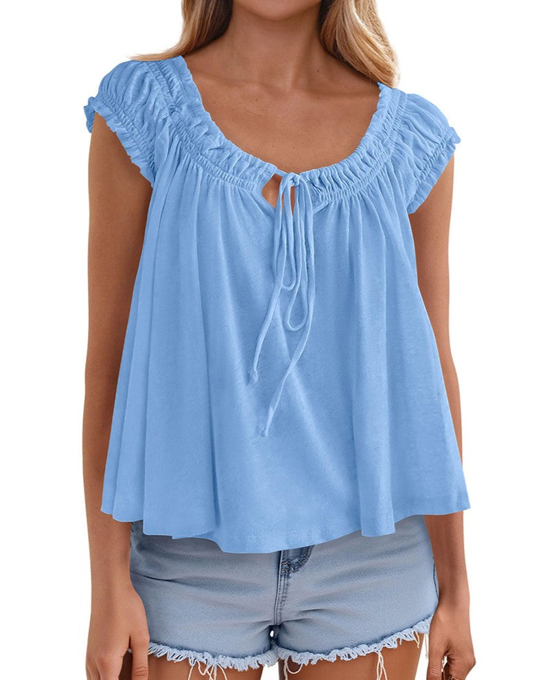 Ruched Tie Front Babydoll Tank Top - Blue