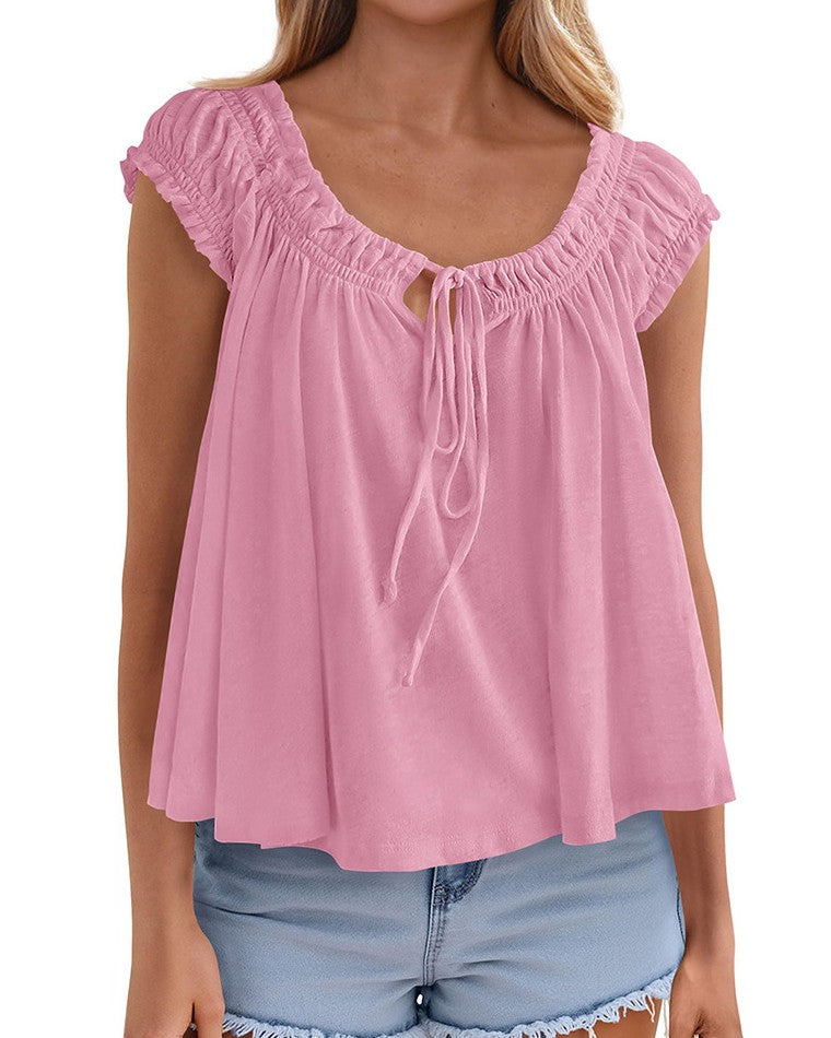 Ruched Tie Front Babydoll Tank Top - Pink