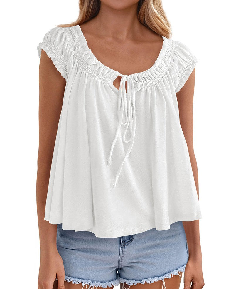 Ruched Tie Front Babydoll Tank Top - White