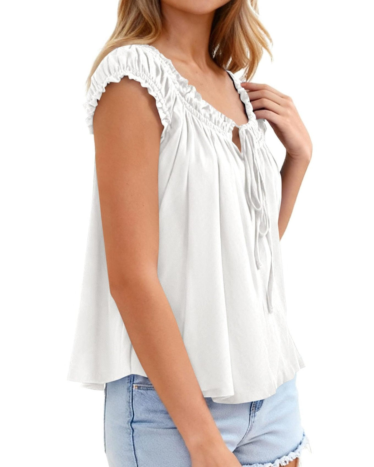 Ruched Tie Front Babydoll Tank Top - White - 1