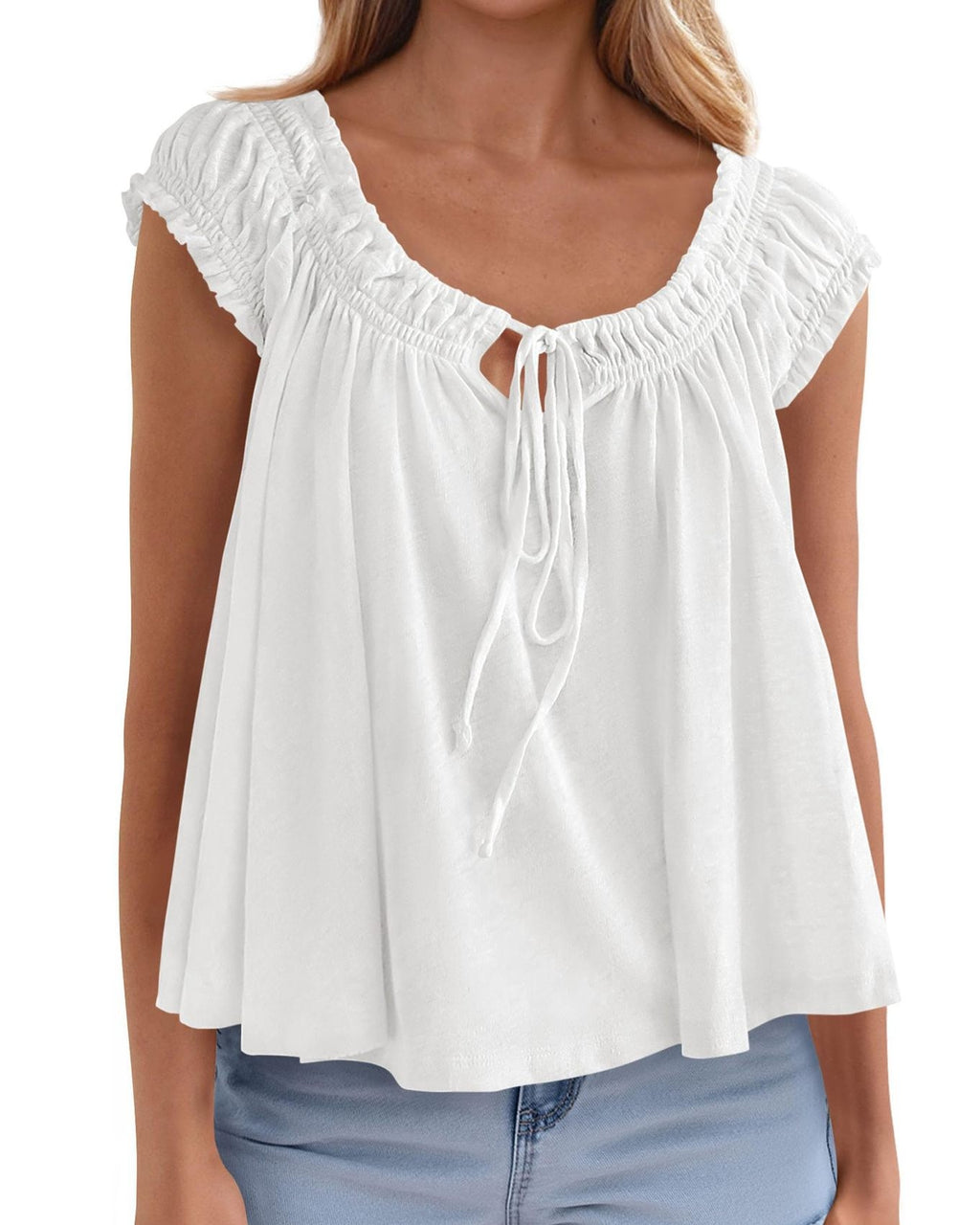 Ruched Tie Front Babydoll Tank Top - White - 2