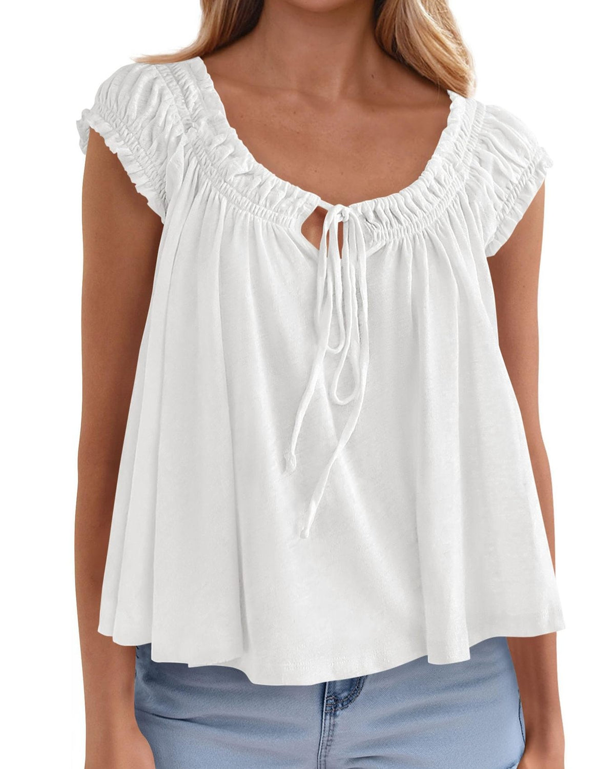 Ruched Tie Front Babydoll Tank Top - White - 2
