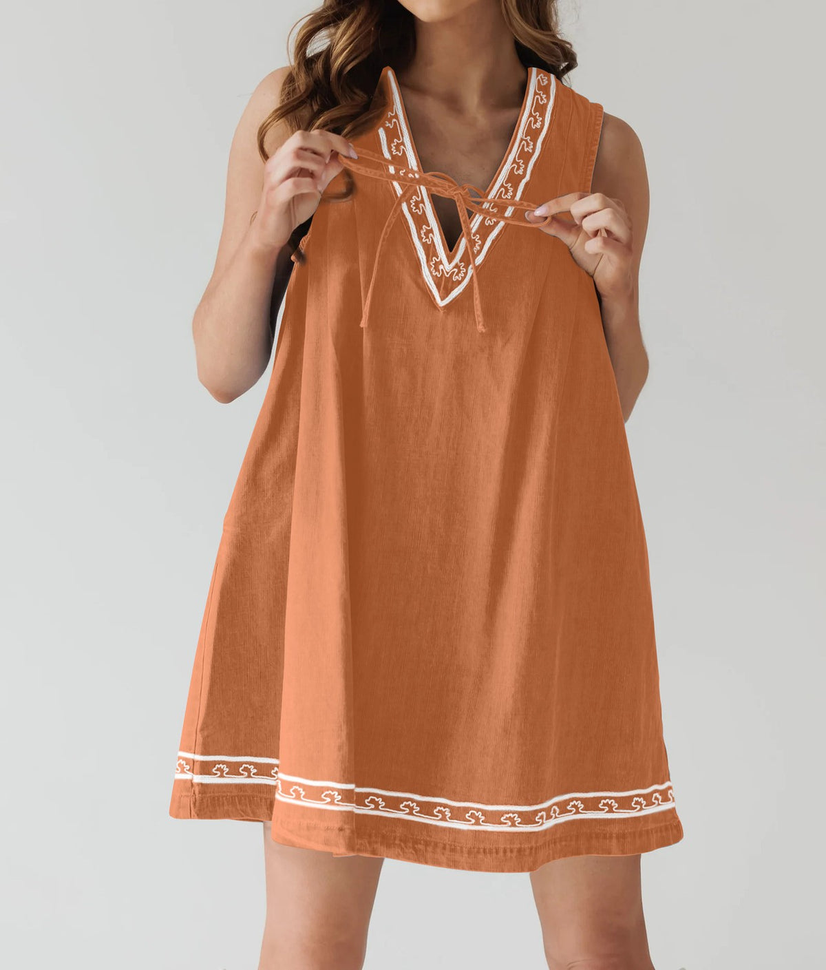 Embroidered Trim Sleeveless Swing Mini Dress - Orange