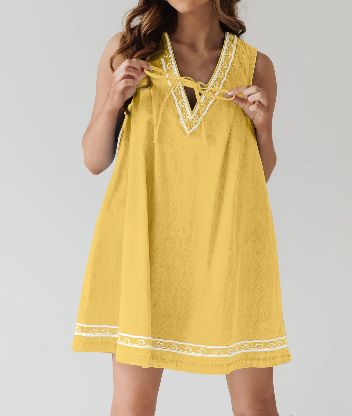 Embroidered Trim Sleeveless Swing Mini Dress - Yellow