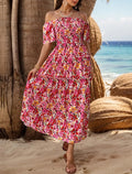 Off Shoulder Smocked Floral Slit Maxi Dress - Red
