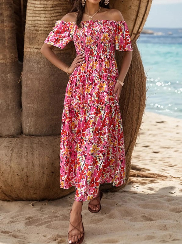 Off Shoulder Smocked Floral Slit Maxi Dress - Red - 1