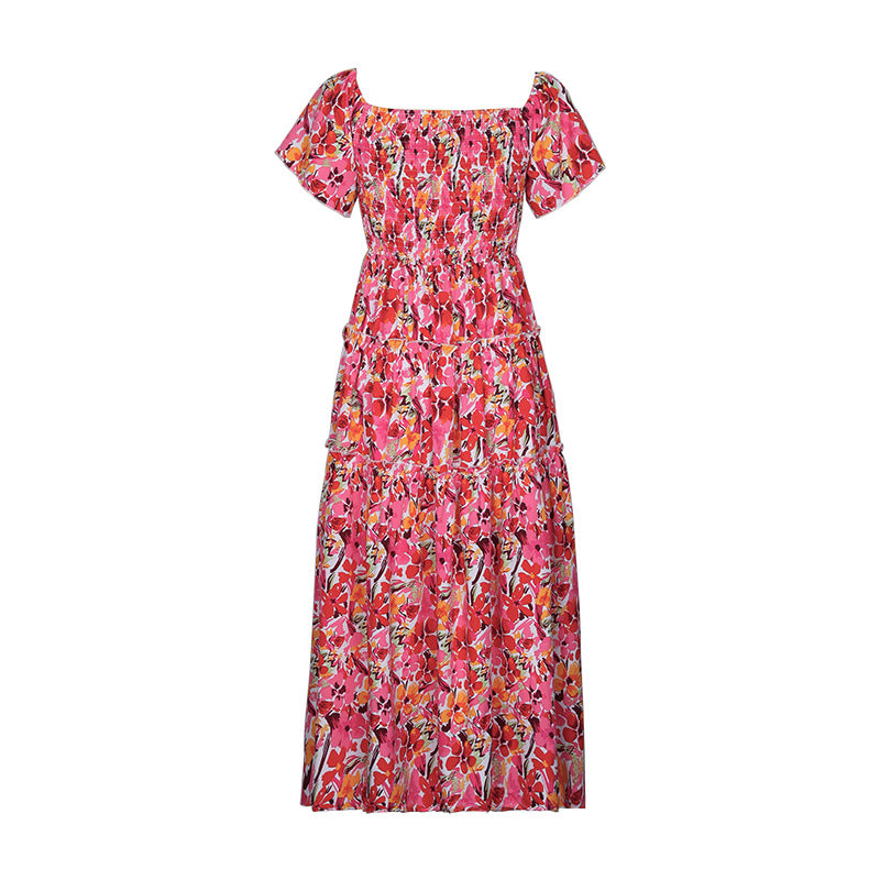 Off Shoulder Smocked Floral Slit Maxi Dress - Red - 2