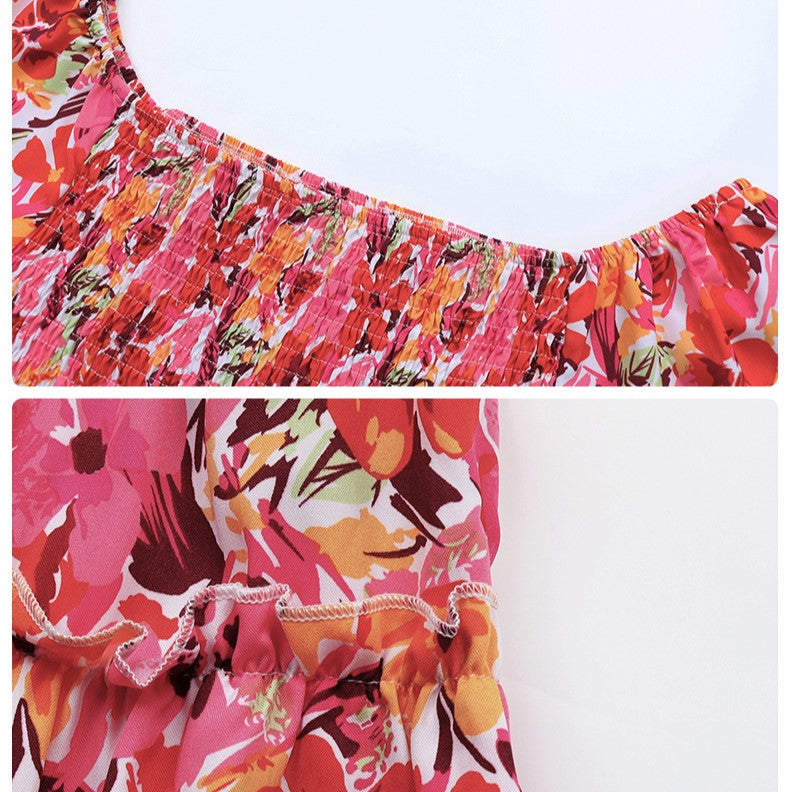 Off Shoulder Smocked Floral Slit Maxi Dress - Red - 5