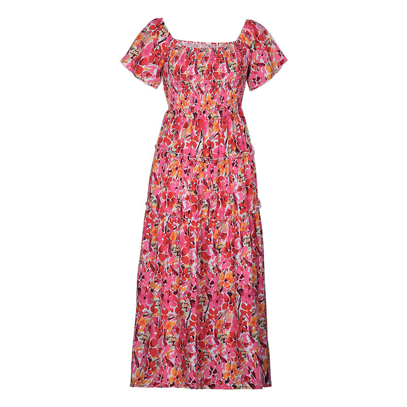 Off Shoulder Smocked Floral Slit Maxi Dress - Red - 6